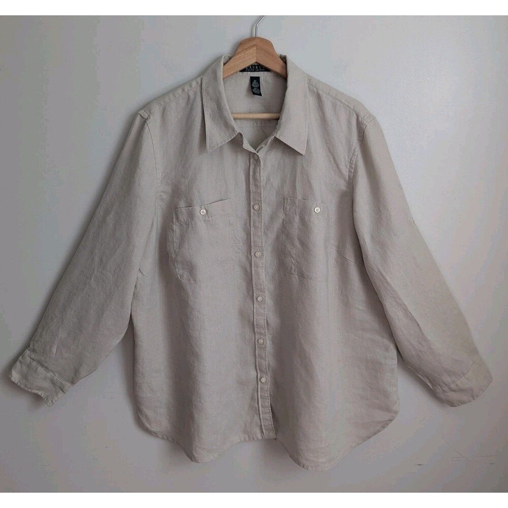 Ralph Lauren LRL 100% Linen Shirt Womens 2X Plus Long Sleeve Button Up Beige Tan